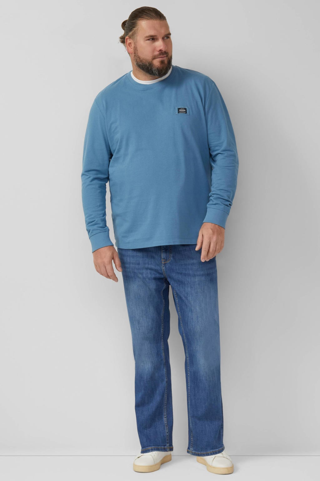 Turquoise heren s.Oliver Big Size longsleeve van katoen met effen, lange mouwen en ronde hals