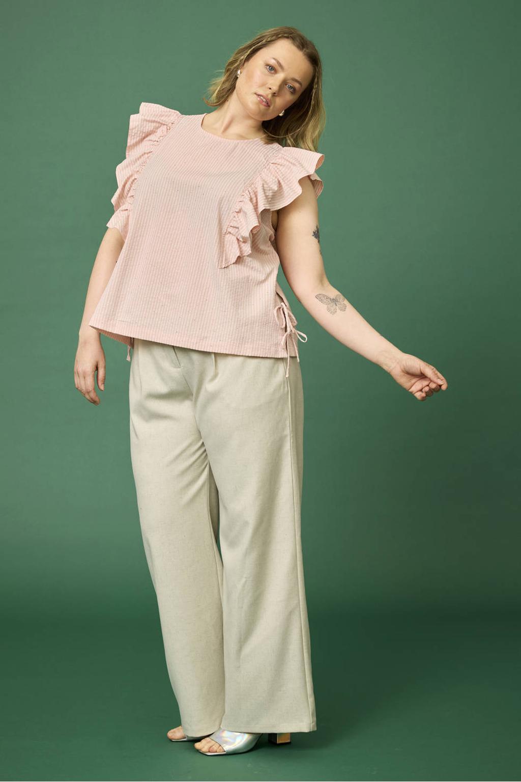 Zandkleurige dames Anyday straight regular waist broek van polyester met elastische tailleband en effen