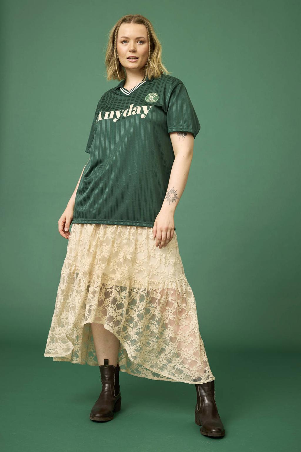 Groene dames Anyday top van polyester met tekst print, half lange mouwen en V-hals