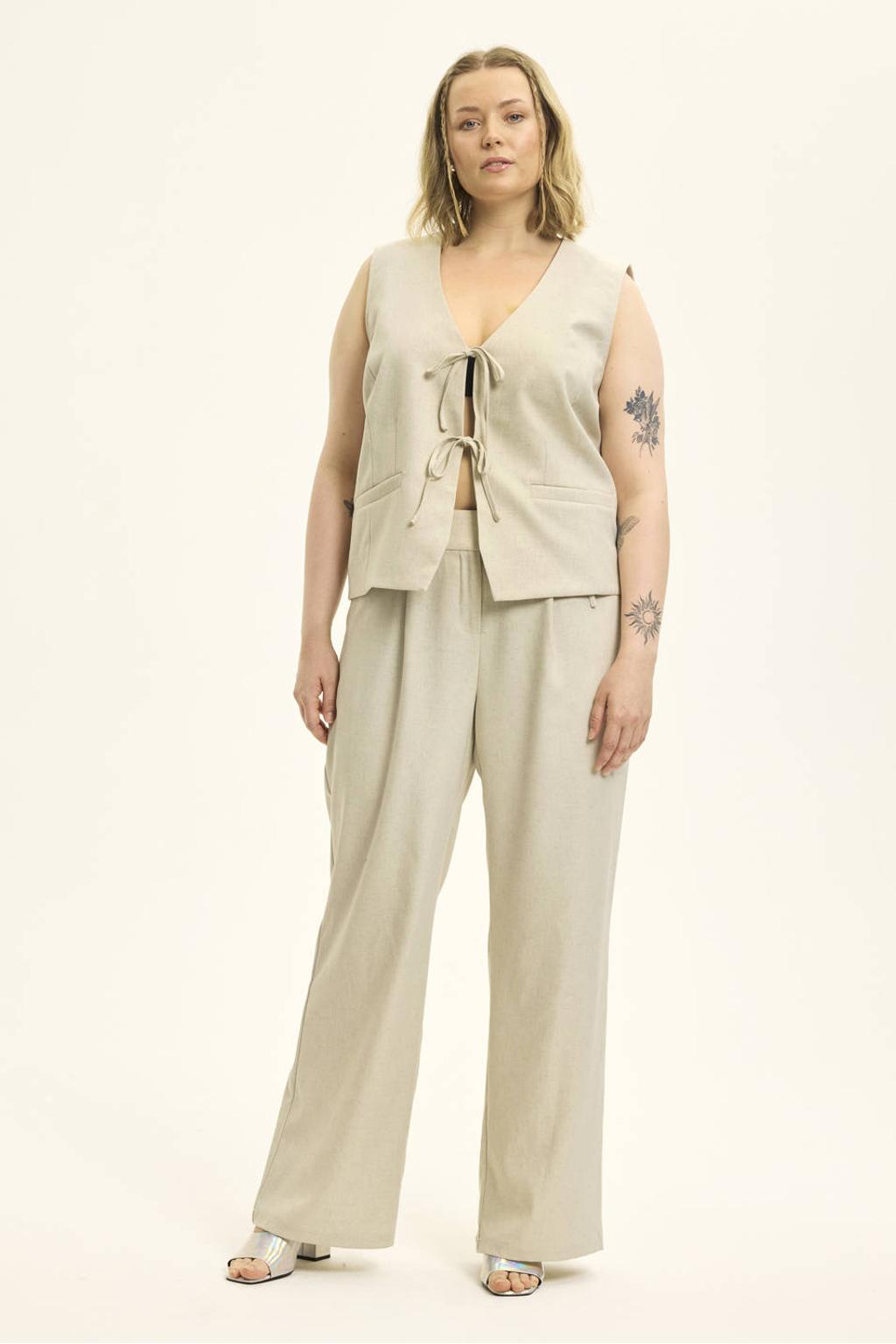 Beige dames Anyday gilet van polyester met effen, reverskraag en striksluiting