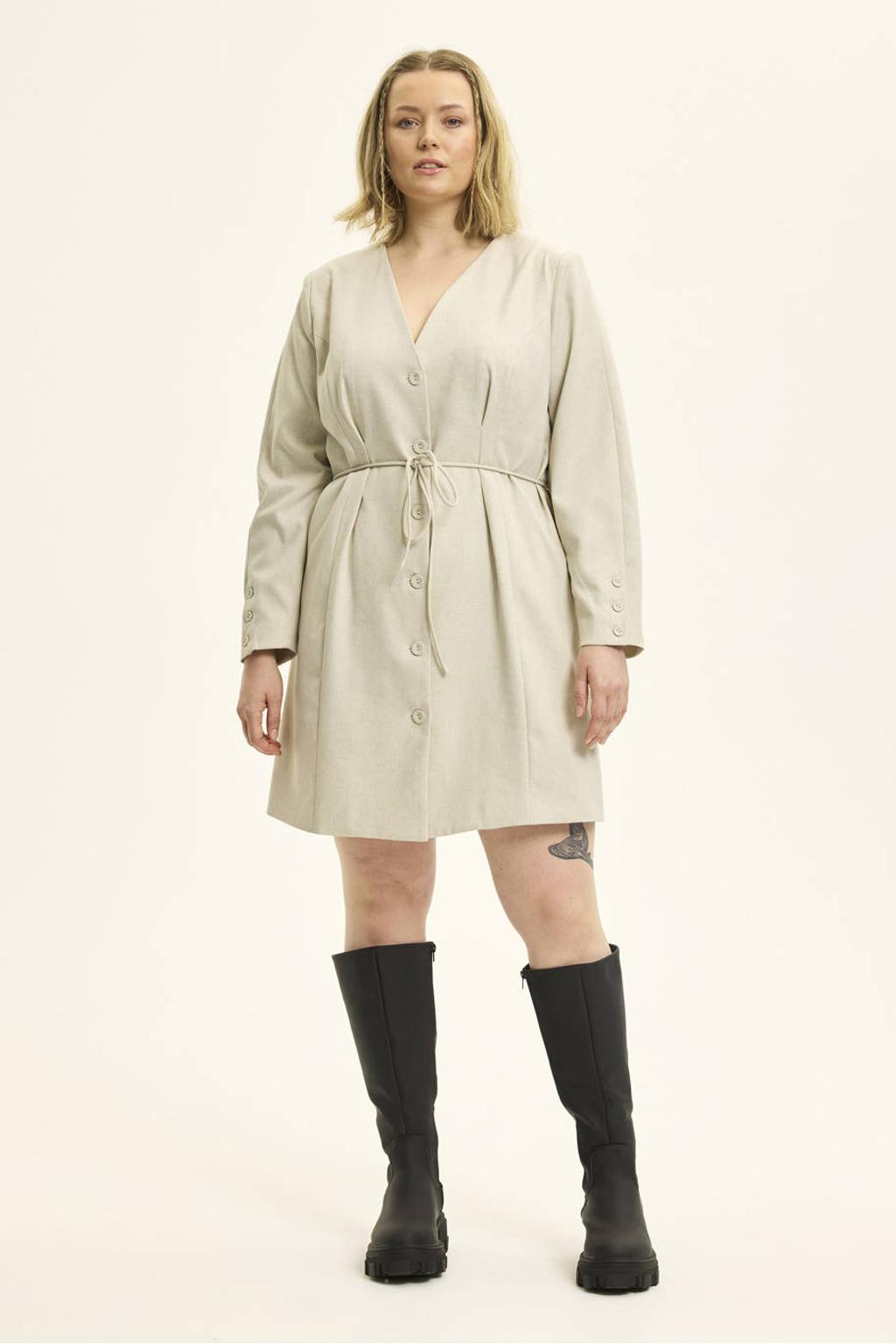 Beige dames Anyday gestreepte blazerjurk korte jurk van polyester met lange mouwen, reverskraag en knoopsluiting
