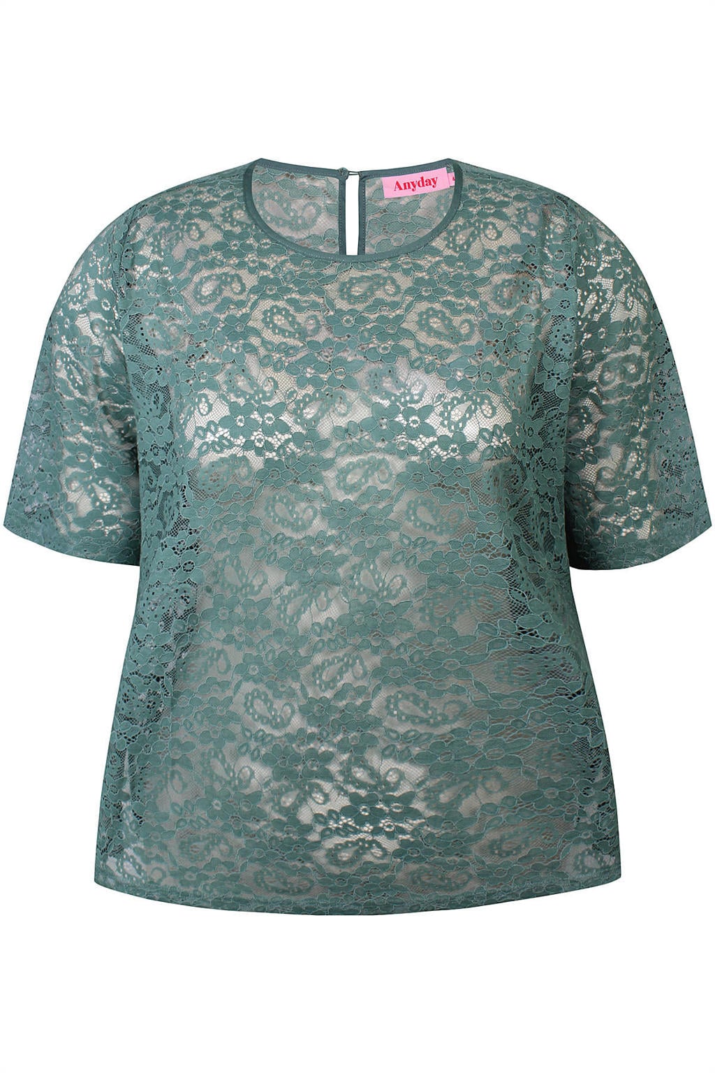 Groene dames Anyday top met effen, korte mouwen, ronde hals en kant