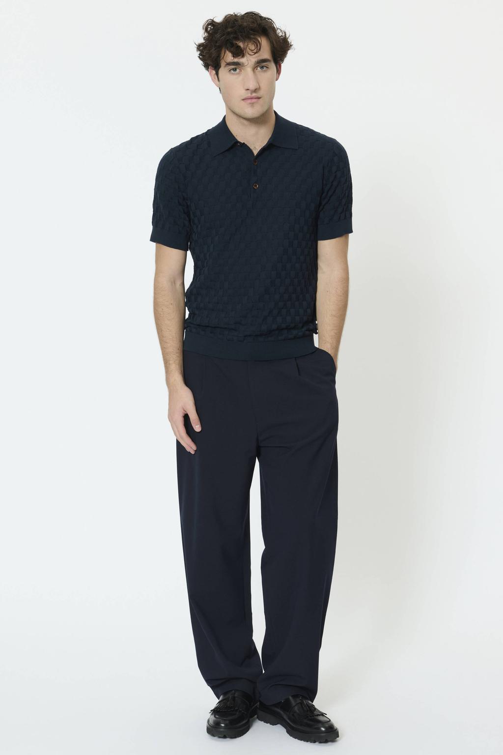 Donkerblauwe heren Matinique regular polo patroon met effen, korte mouwen en knoopsluiting