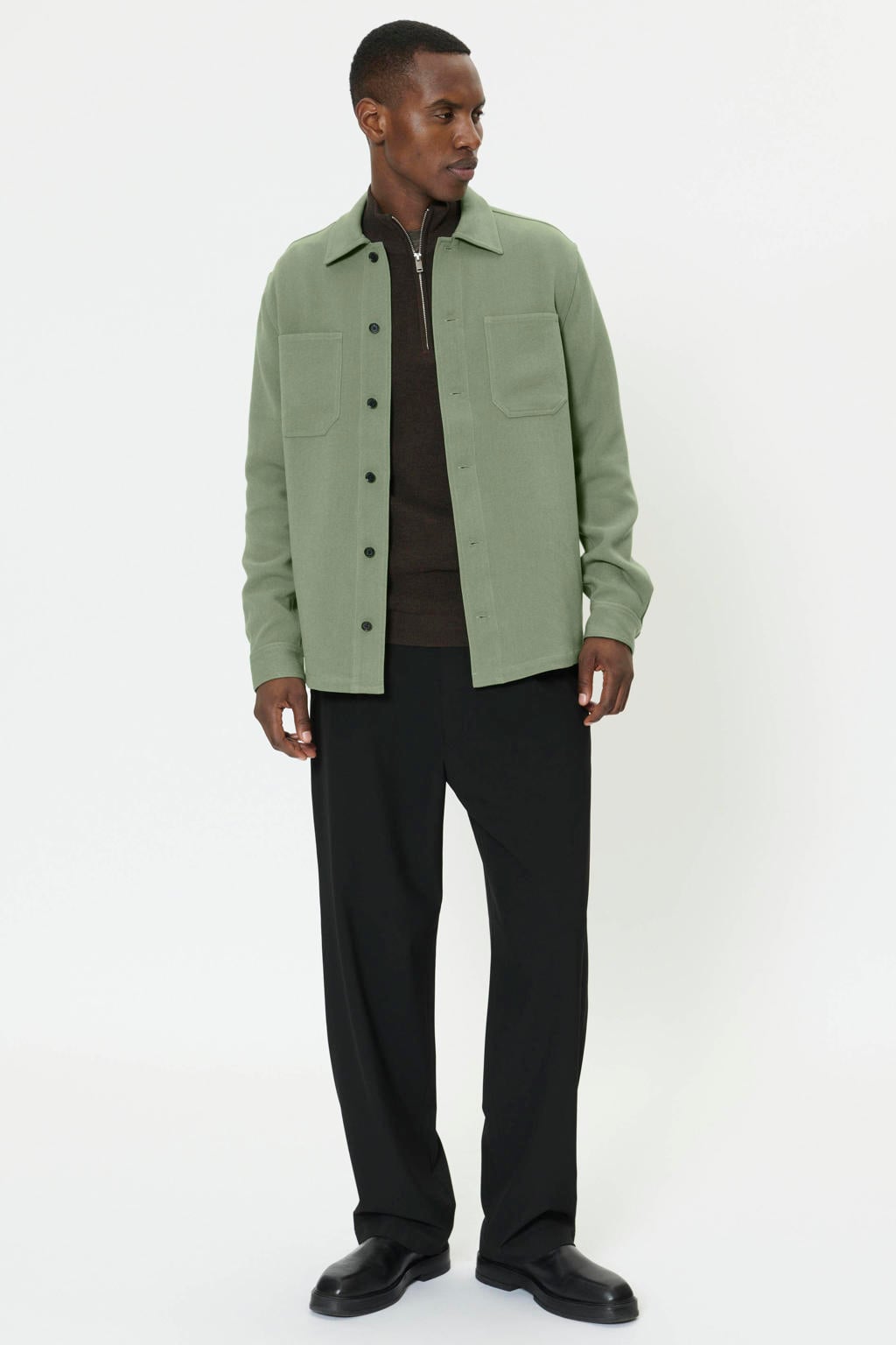 Groene heren Matinique overshirt van polyester met effen, lange mouwen, klassieke kraag en knoopsluiting