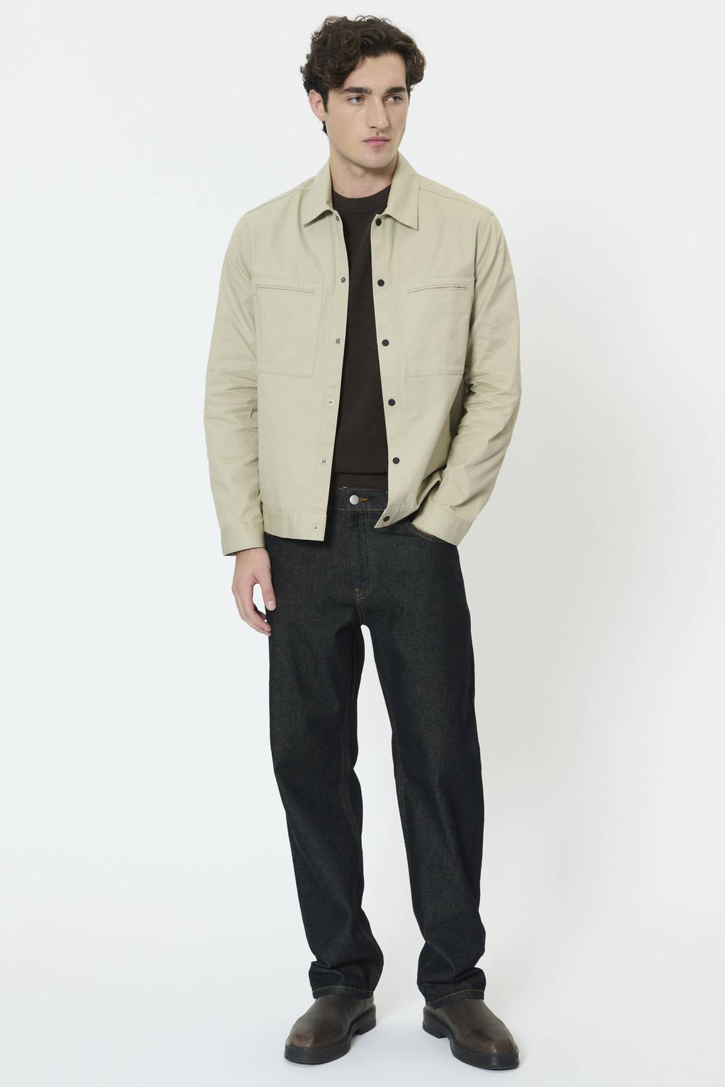 Beige heren Matinique overshirt van polyester met effen, lange mouwen, klassieke kraag en drukknoopsluiting