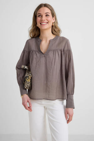 blouse met V-hals bruin