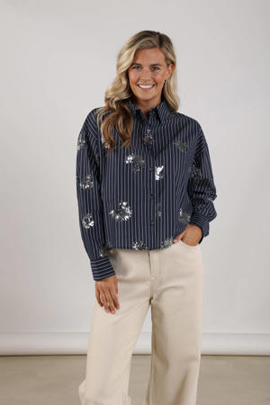 gestreepte blouse marineblauw met pailletten