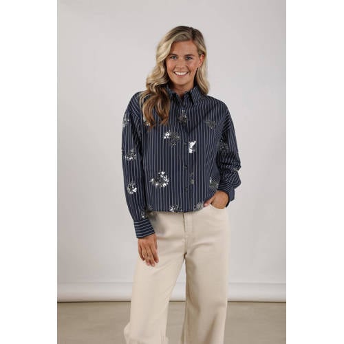 NUKUS gestreepte blouse marineblauw met pailletten afbeelding