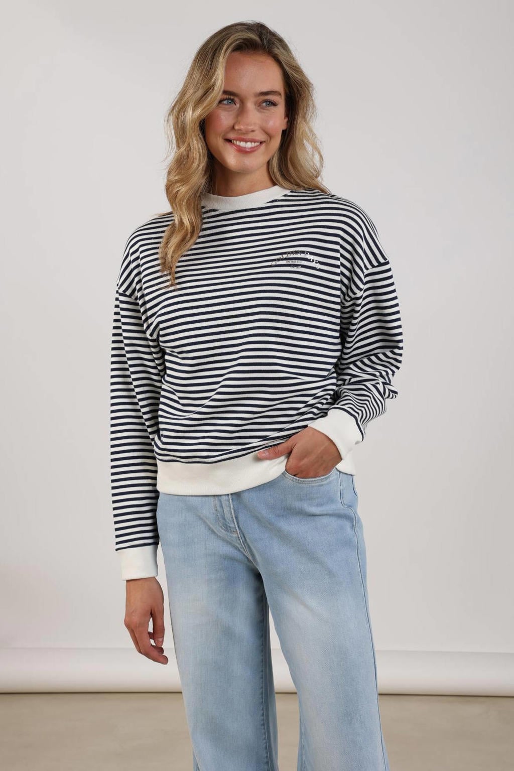 NUKUS gestreepte sweater marineblauw
