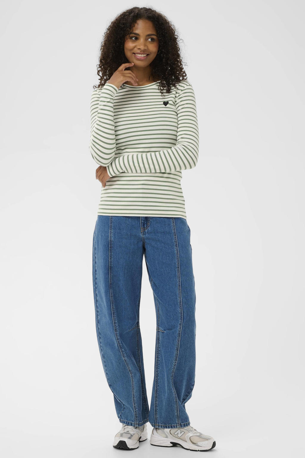 Groen en witte dames Kaffe gestreepte top van polyester met lange mouwen en ronde hals