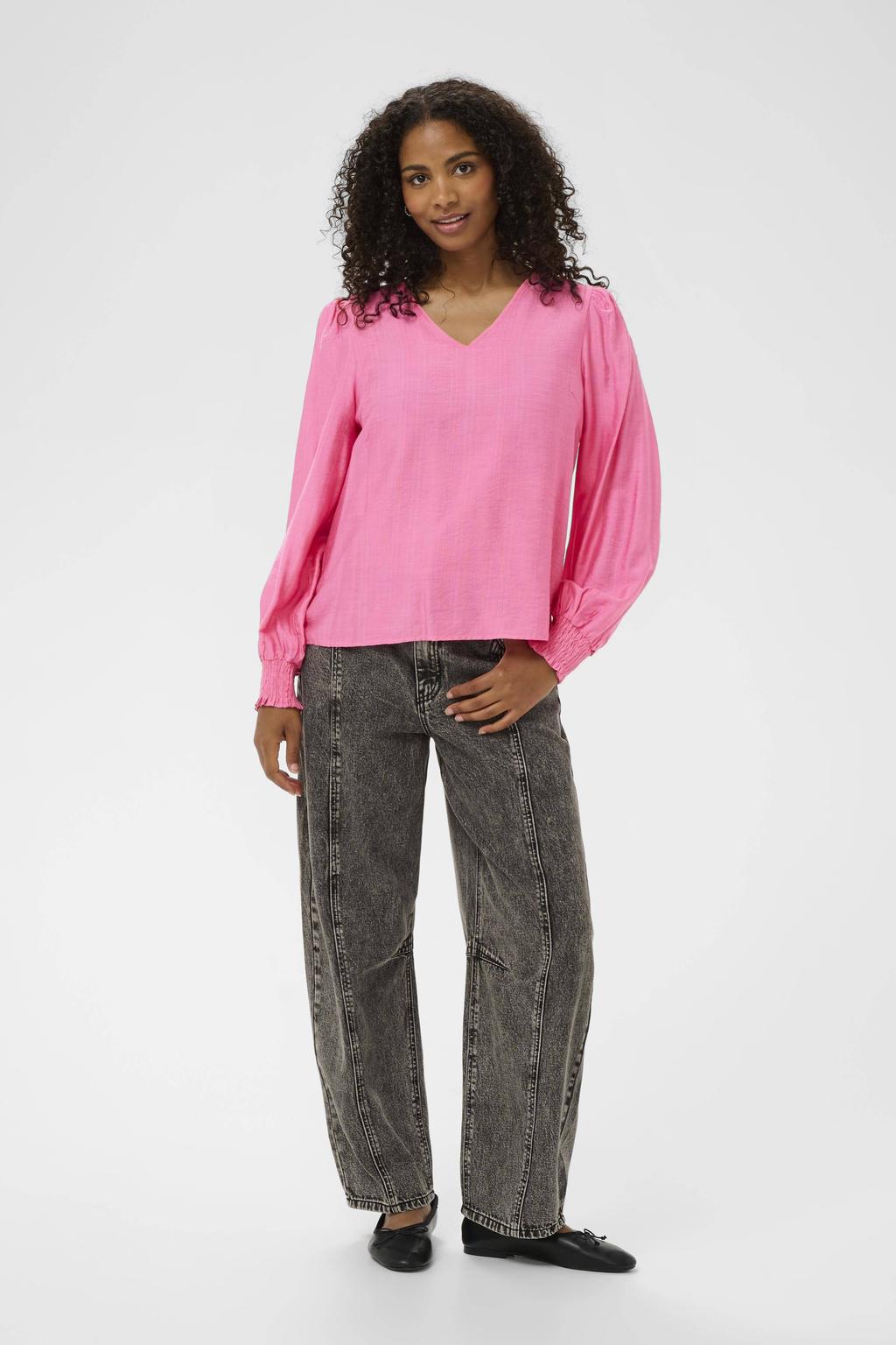 Roze dames Kaffe top van viscose met effen, lange mouwen en V-hals