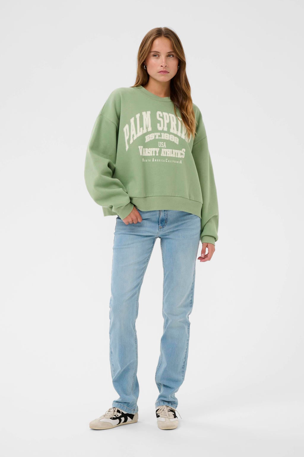 Groene dames Kaffe sweater van katoen met printopdruk, lange mouwen en ronde hals
