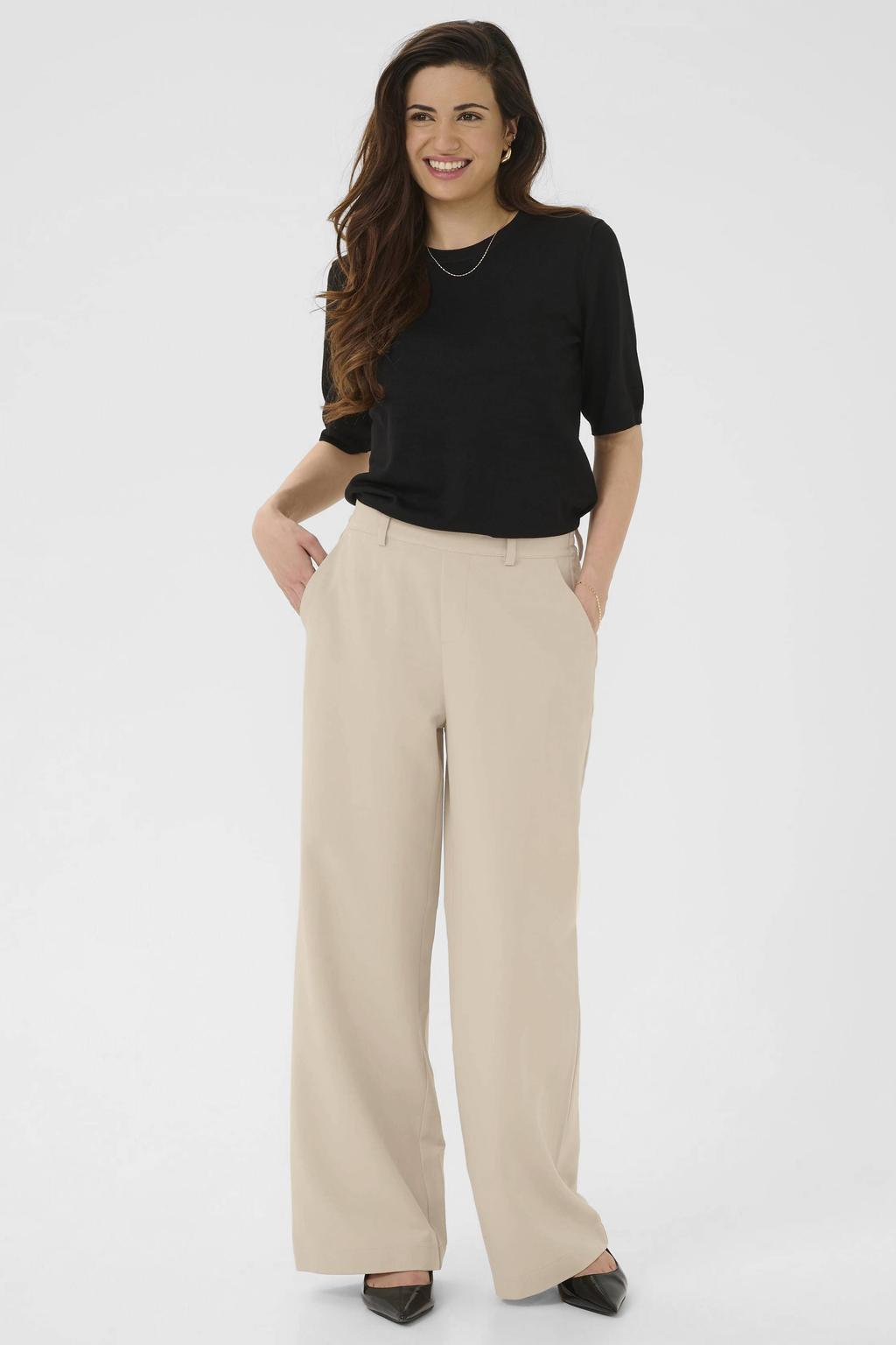 Beige dames Kaffe regular high waist broek van polyester met elastische inzet en effen