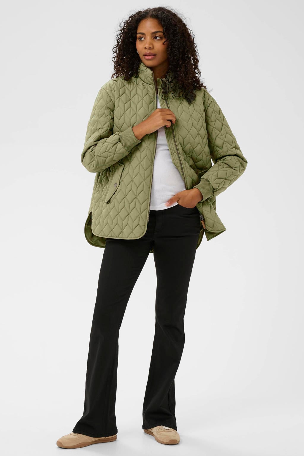 Groene dames Kaffe van polyester met effen, lange mouwen en ronde hals
