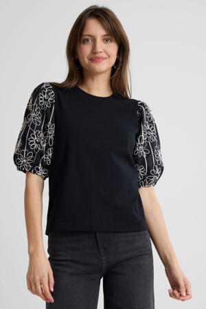 jersey top met pofmouwen zwart