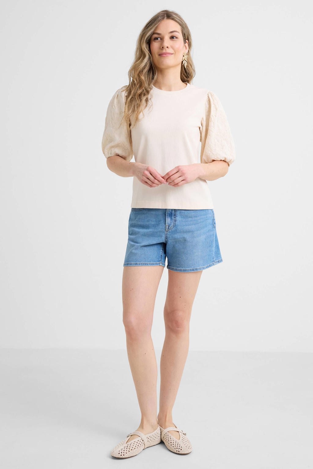 Beige dames Anytime Jersey top met effen, korte mouwen en ronde hals