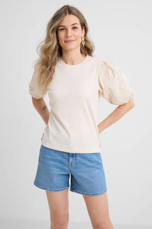 Jersey top met pofmouwen beige