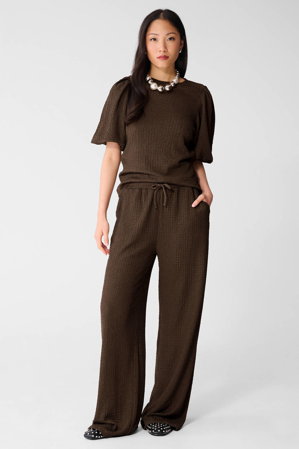 Shoeby straight high waist crinkle broek bruin