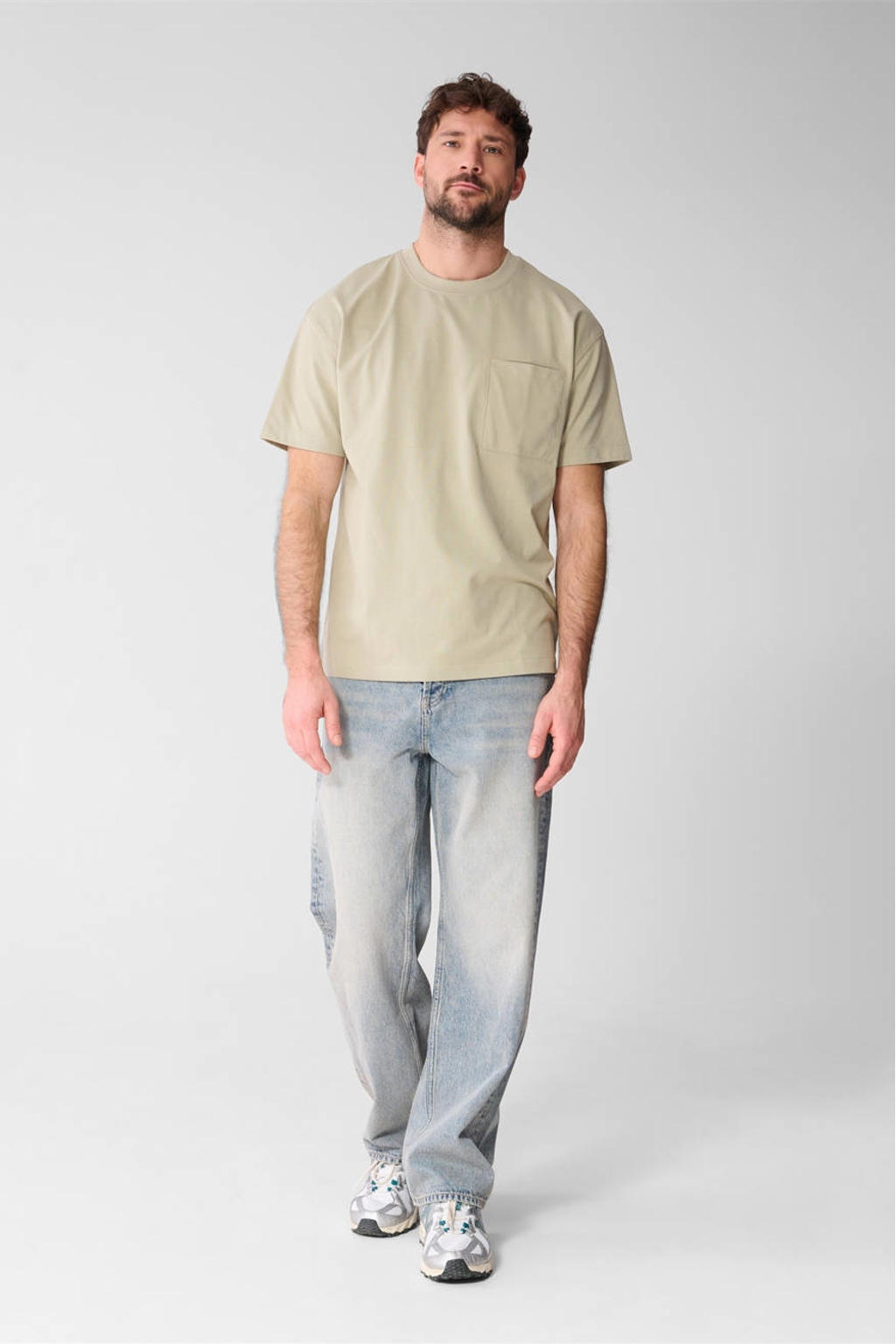 Lichtgroene heren Shoeby relaxed T-shirt van katoen met effen, korte mouwen en ronde hals