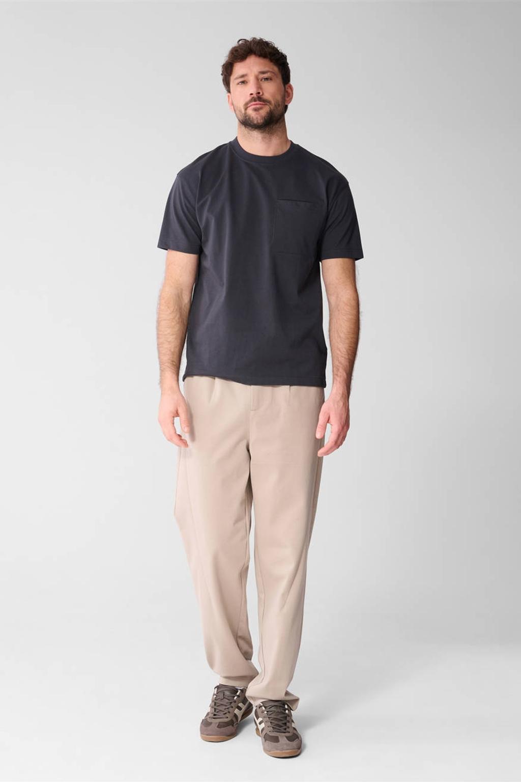 Grijze heren Shoeby relaxed T-shirt van katoen met effen, korte mouwen en ronde hals