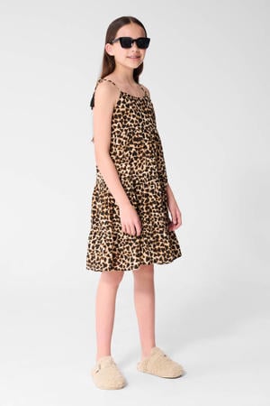 maxi jurk met panterprint en franjes - bruin