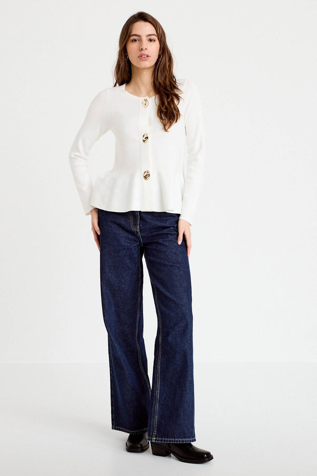Ecru dames Cache Cache gebreid vest van viscose met effen, lange mouwen, ronde hals, knoopsluiting en tule