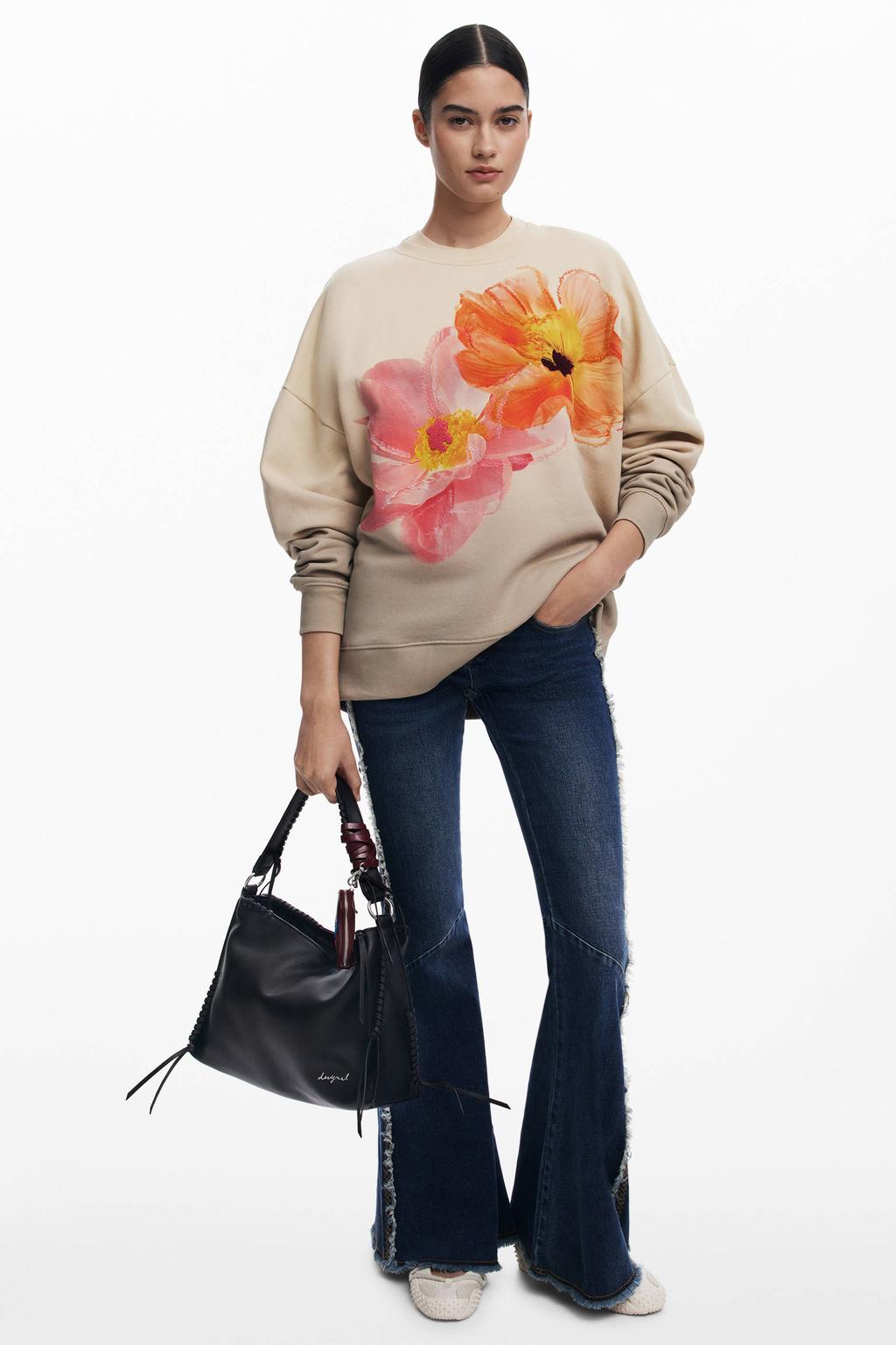Ecru en roze dames Desigual gebloemde sweater van katoen met lange mouwen en ronde hals