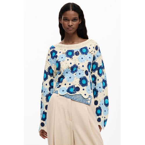 Desigual gebloemde sweater blauw gehaakt afbeelding