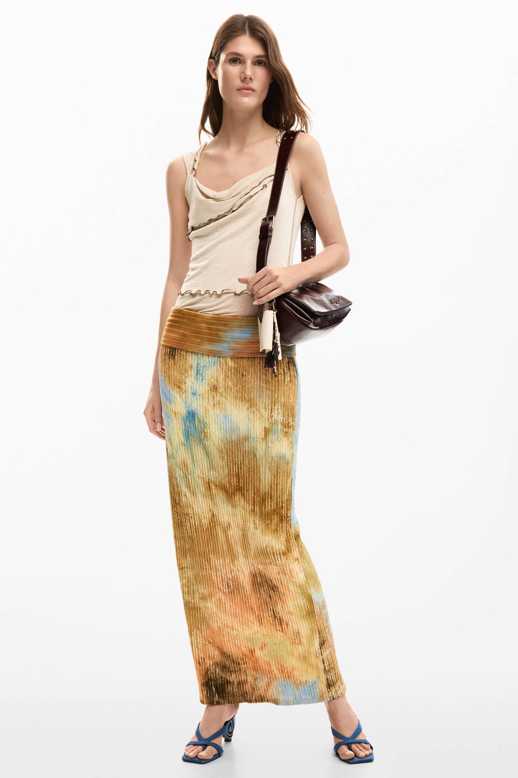 Multi en bruine dames Desigual midi rok gemaakt van polyester en met elastische tailleband