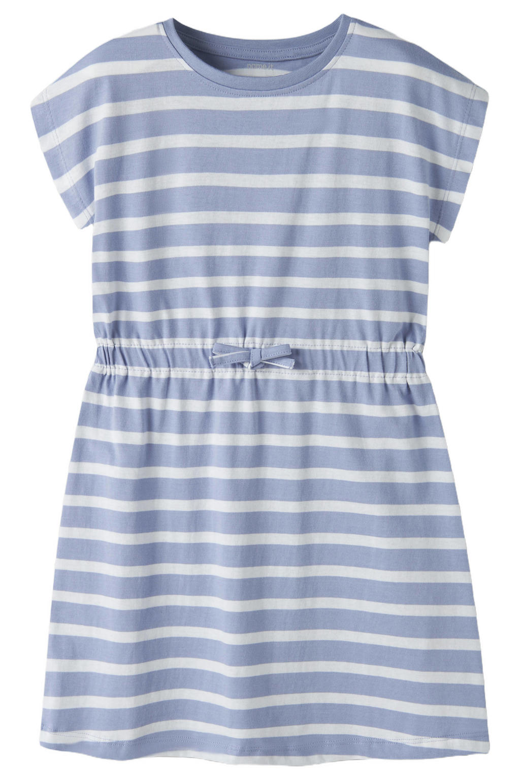 Lila en witte meisjes NAME IT KIDS gestreepte zomerjurk van katoen met korte mouwen, ronde hals en striksluiting