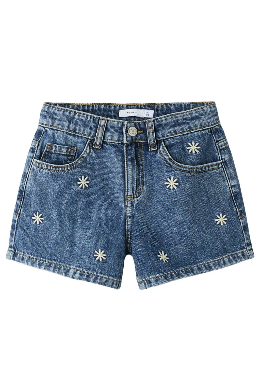 Medium blue denim meisjes NAME IT KIDS regular gebloemde short van denim met rits- en knoopsluiting