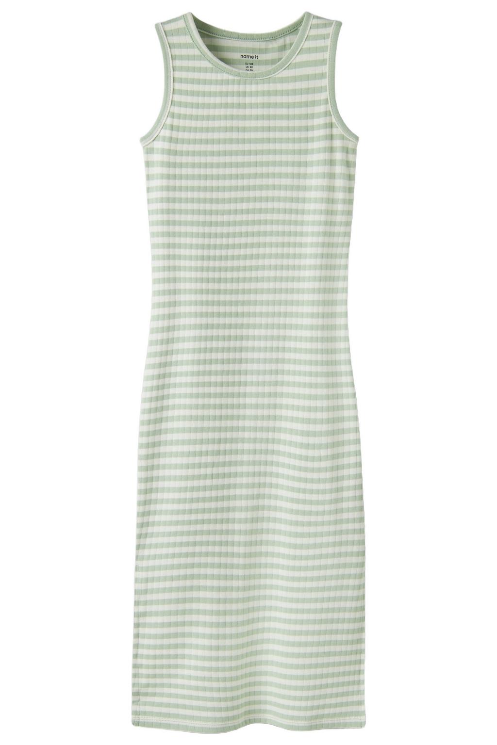Groen en witte meisjes NAME IT KIDS gestreepte maxi jurk van stretchkatoen met ronde hals en split