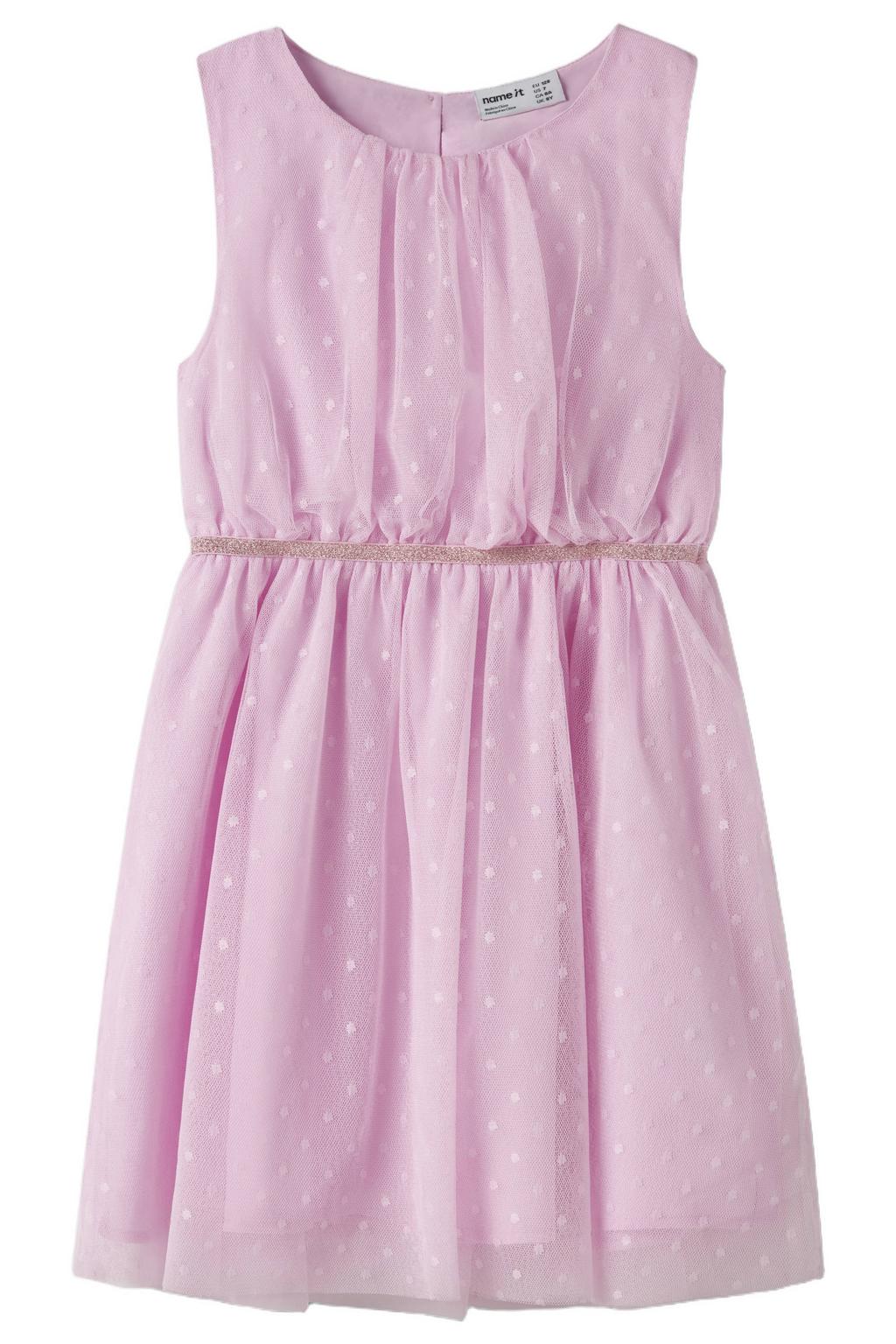 Roze meisjes NAME IT KIDS midi jurk van polyester met stippenprint, ronde hals, ritssluiting en semi-transparante details