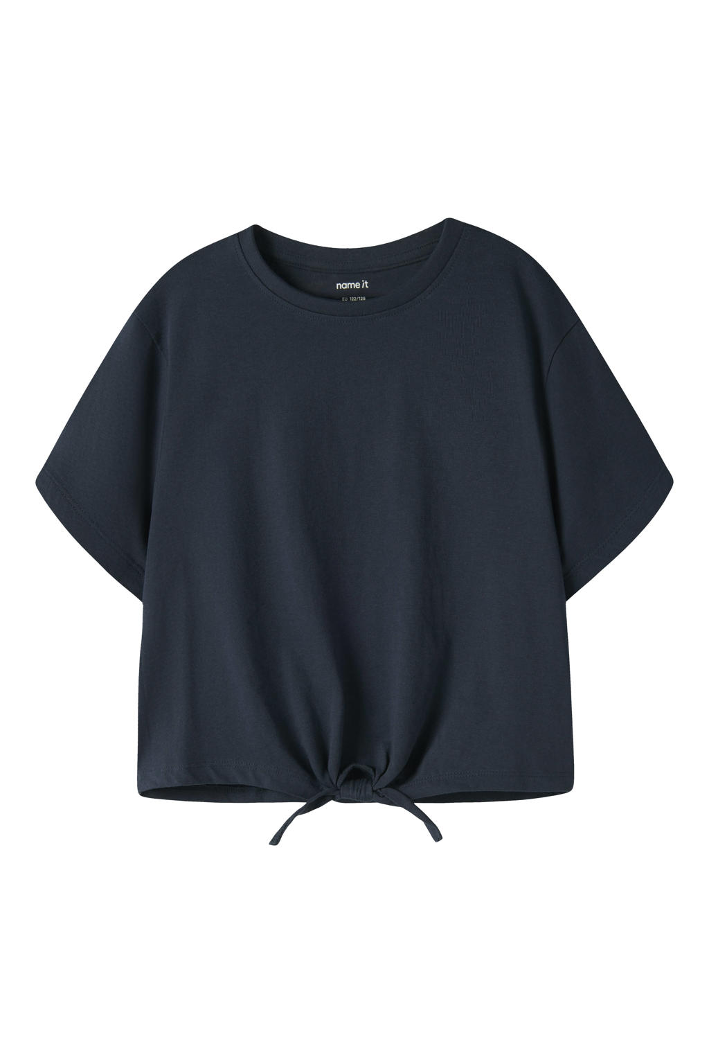 Donkerblauwe meisjes NAME IT KIDS T-shirt van katoen met effen, korte mouwen, ronde hals en knoopdetail