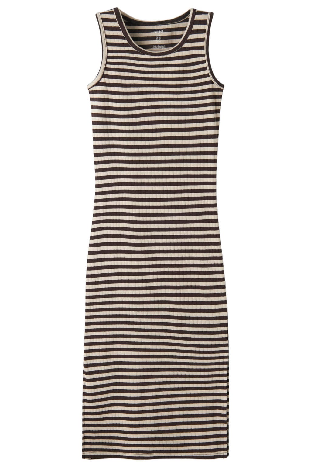 Bruin en beige meisjes NAME IT KIDS gestreepte maxi jurk van stretchkatoen met ronde hals en split
