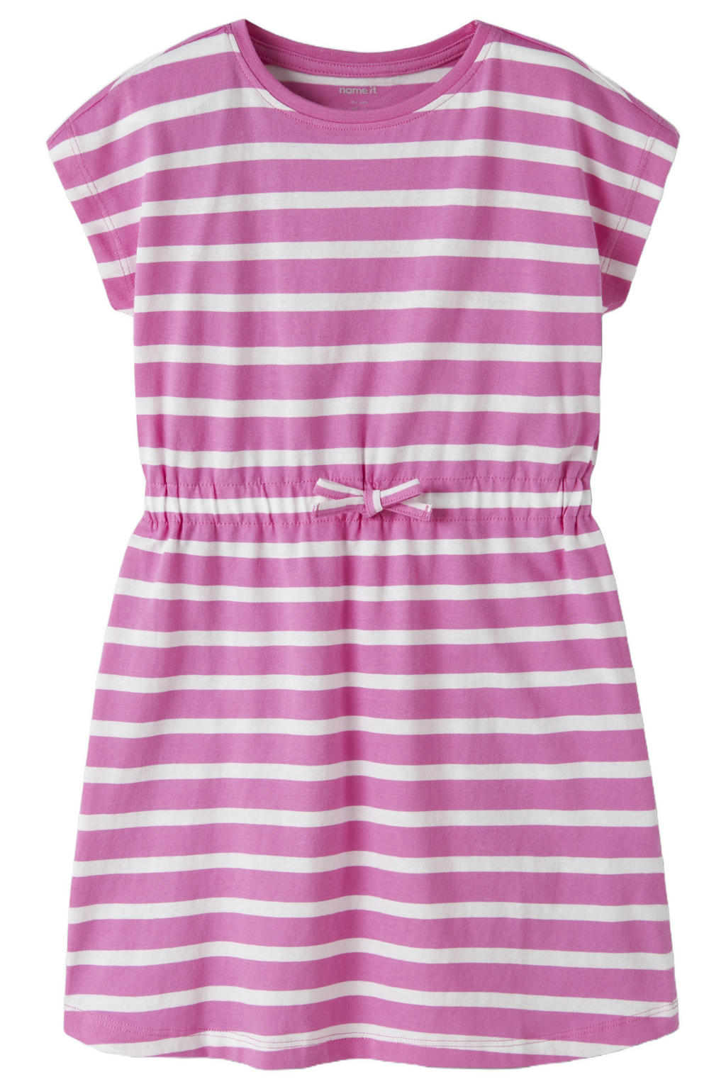 Roze en witte meisjes NAME IT KIDS gestreepte zomerjurk felroze van katoen met korte mouwen, ronde hals en striksluiting