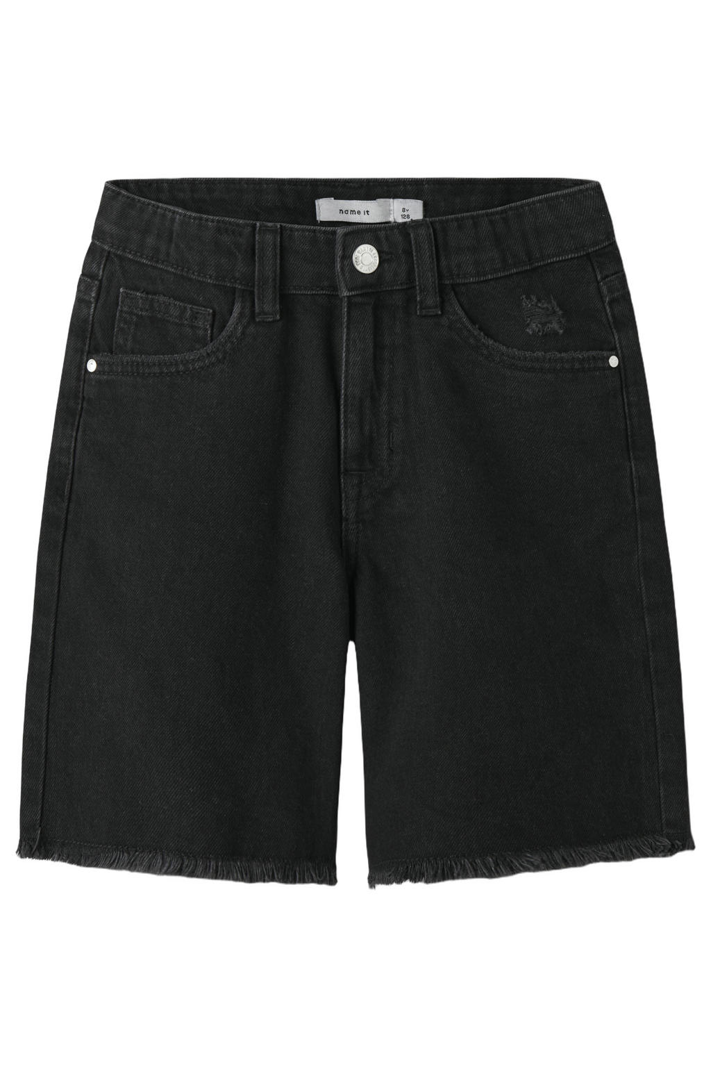 Black denim meisjes NAME IT KIDS wide leg short black van denim met high waist, rits- en knoopsluiting en effen