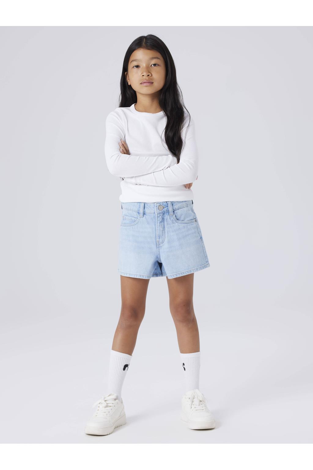 Light blue denim meisjes NAME IT KIDS mom short van denim met rits- en haaksluiting en effen