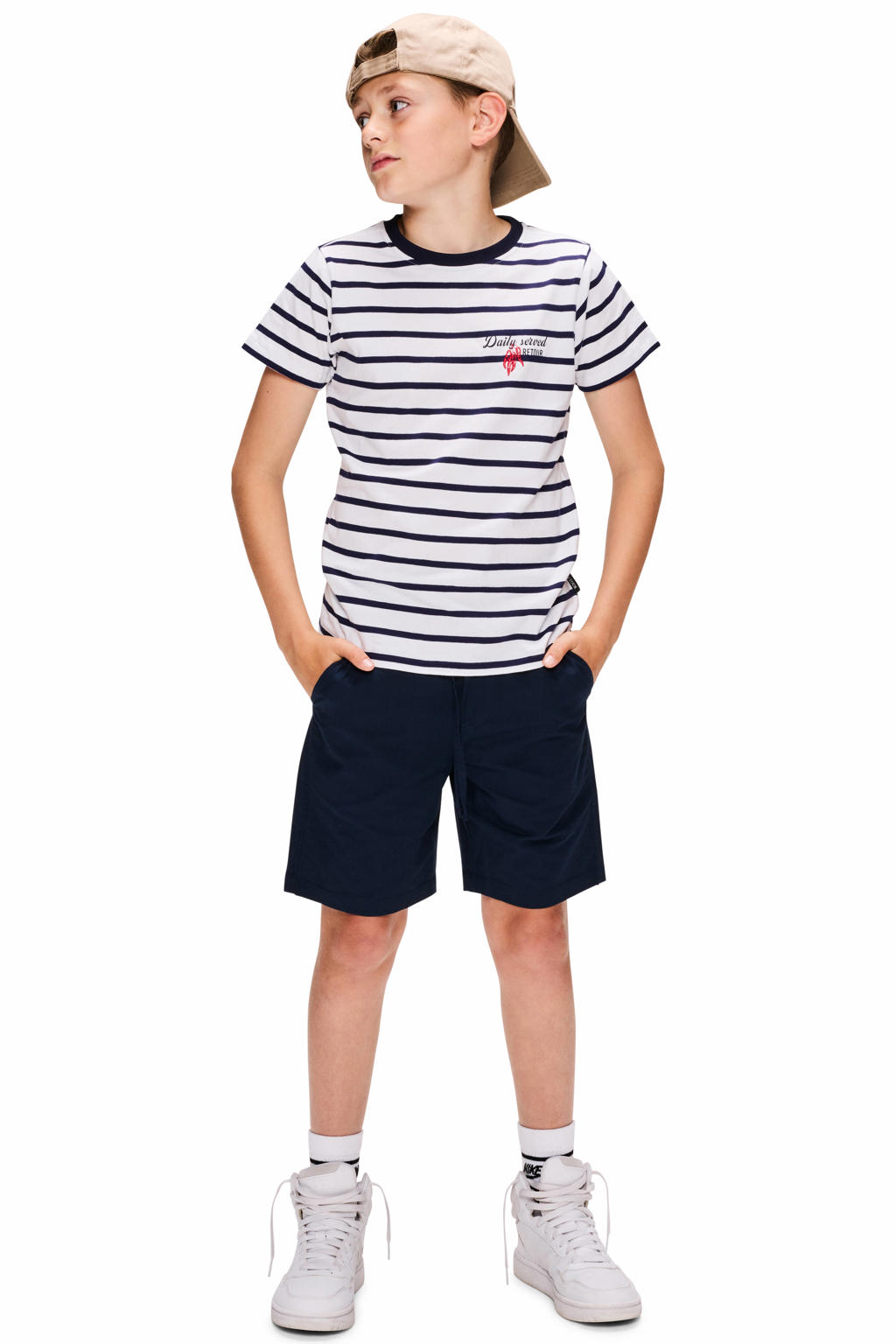 Donkerblauw en witte jongens Retour Jeans T-shirt van katoen met logo dessin, korte mouwen en ronde hals