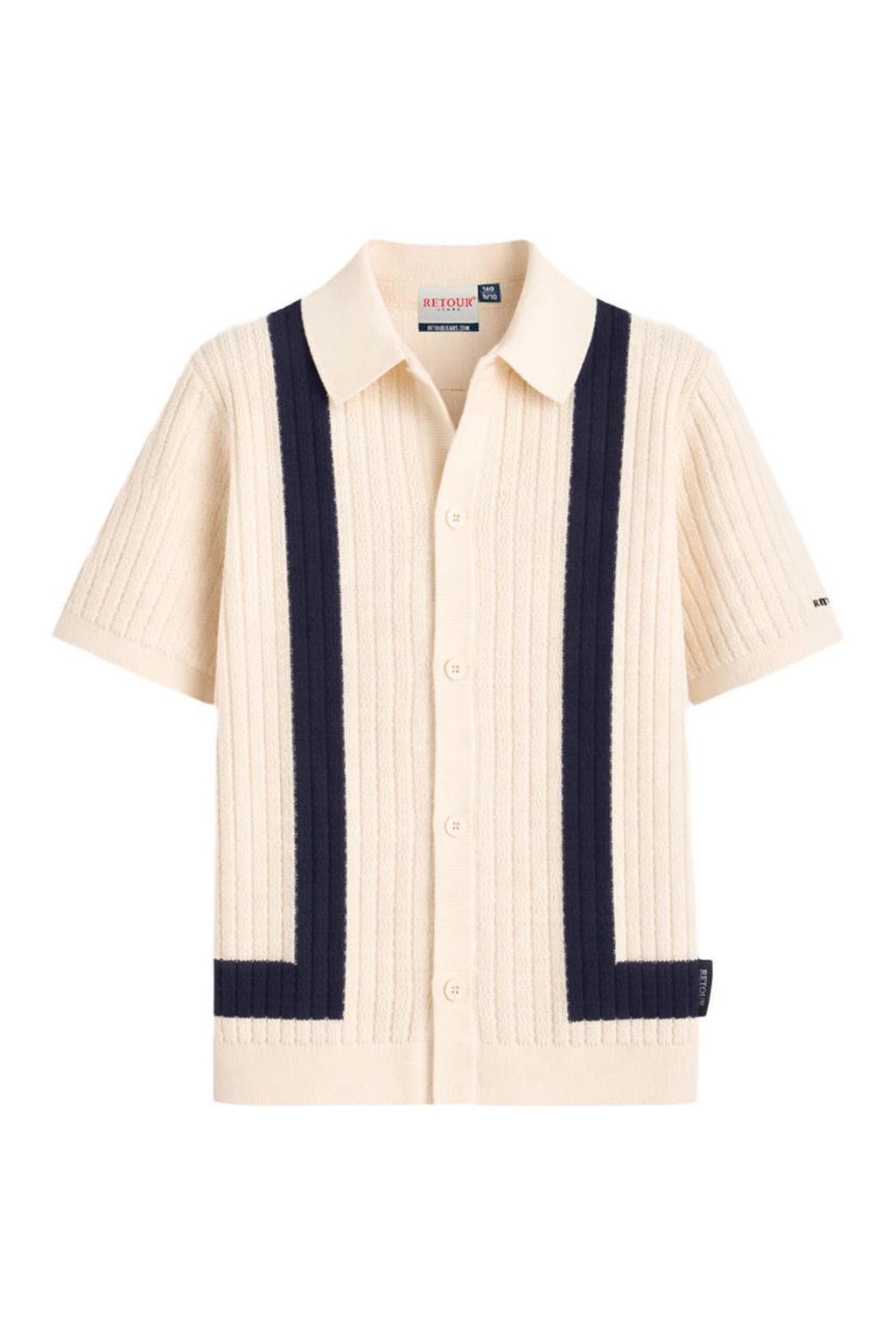 Crème en donkerblauwe jongens Retour Jeans casual overhemd gebreid crème van katoen met meerkleurige print, korte mouwen, klassieke kraag en knoopsluiting