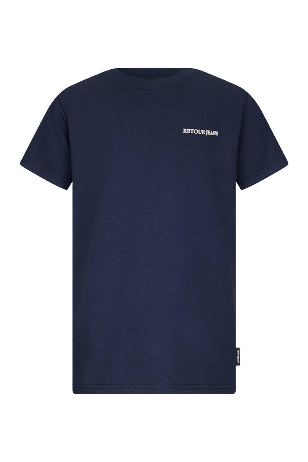 Donkerblauwe jongens Retour Jeans T-shirt van stretchkatoen met effen, korte mouwen en ronde hals