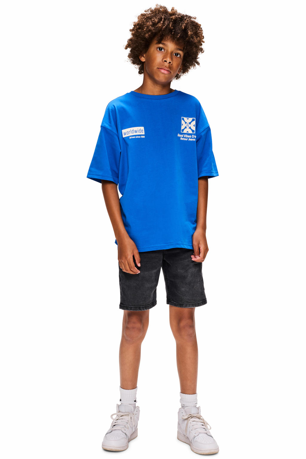 Blauwe jongens Retour Jeans T-shirt van katoen met backprint, korte mouwen en ronde hals