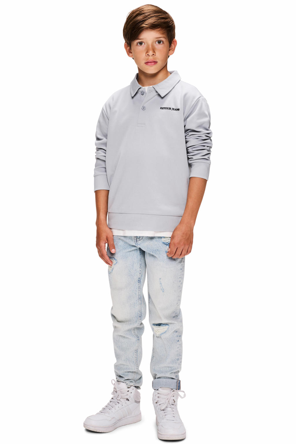 Lichtgrijze jongens Retour Jeans sweater met effen, lange mouwen, polo kraag, knoopsluiting en geribde boorden