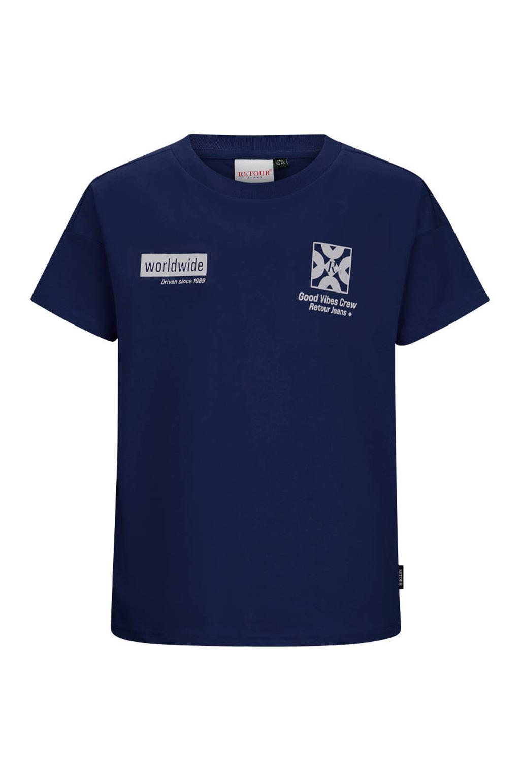 Donkerblauwe jongens Retour Jeans T-shirt van katoen met backprint, korte mouwen en ronde hals