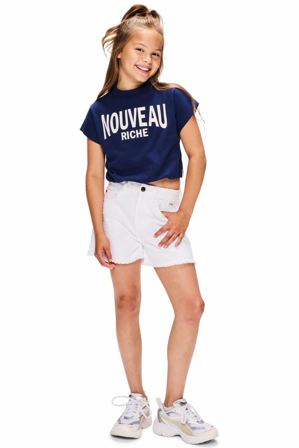 Donkerblauwe meisjes Retour Jeans T-shirt van katoen met printopdruk, korte mouwen en ronde hals