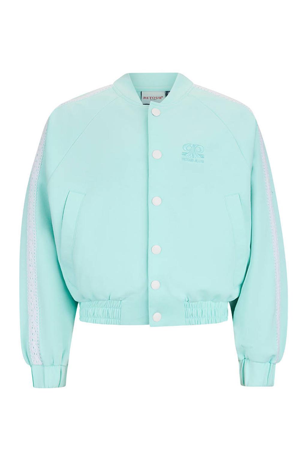 Lichtblauw, aqua en witte meisjes Retour Jeans jasje van polyester met meerkleurige print, lange mouwen, ronde hals, ritssluiting en contrast bies