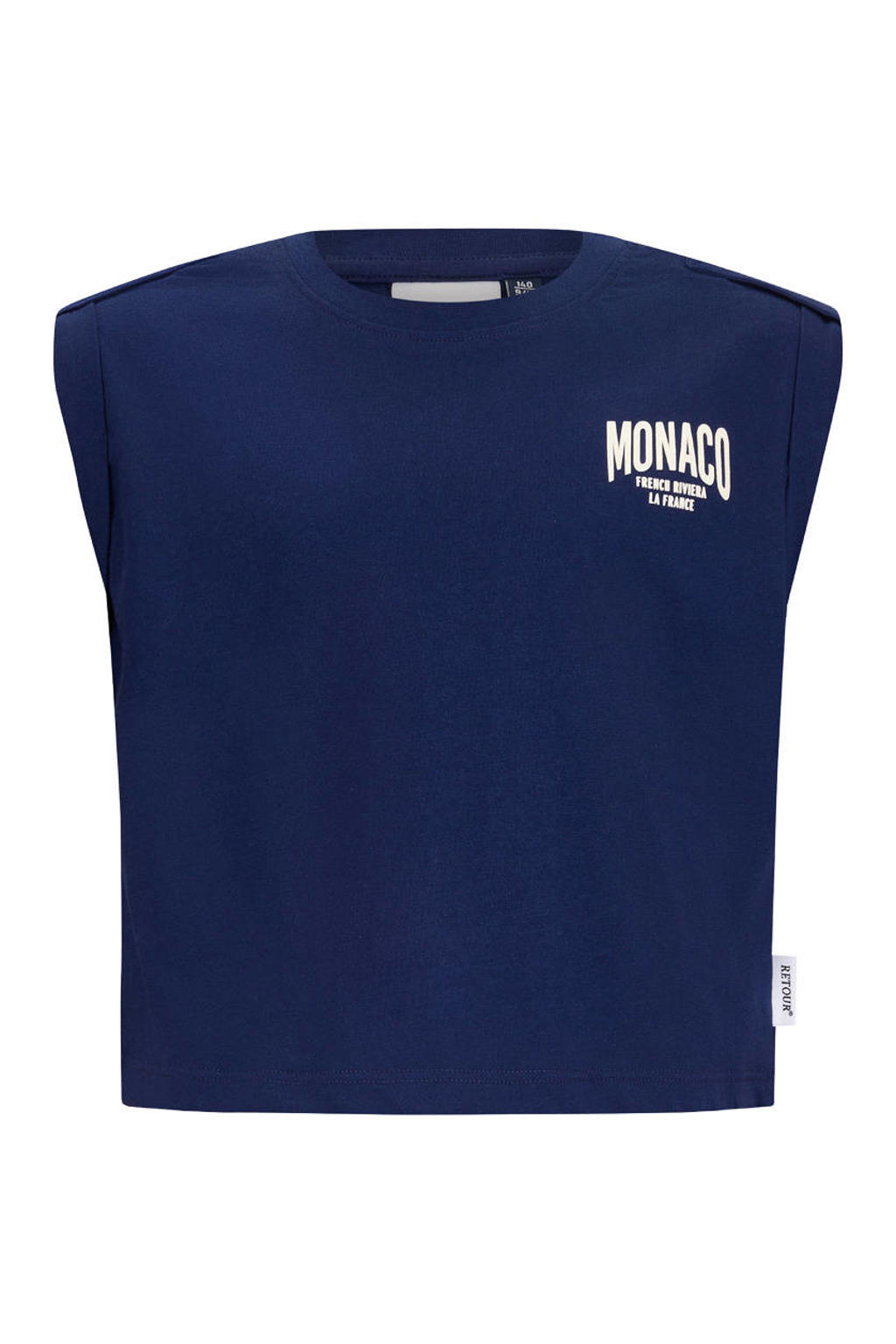 Donkerblauwe meisjes Retour Jeans T-shirt van katoen met backprint, ronde hals en omslagdetail
