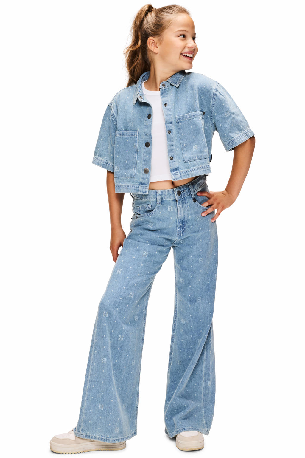 Light blue denim meisjes Retour Jeans Bella wide leg jeans van denim met rits- en knoopsluiting