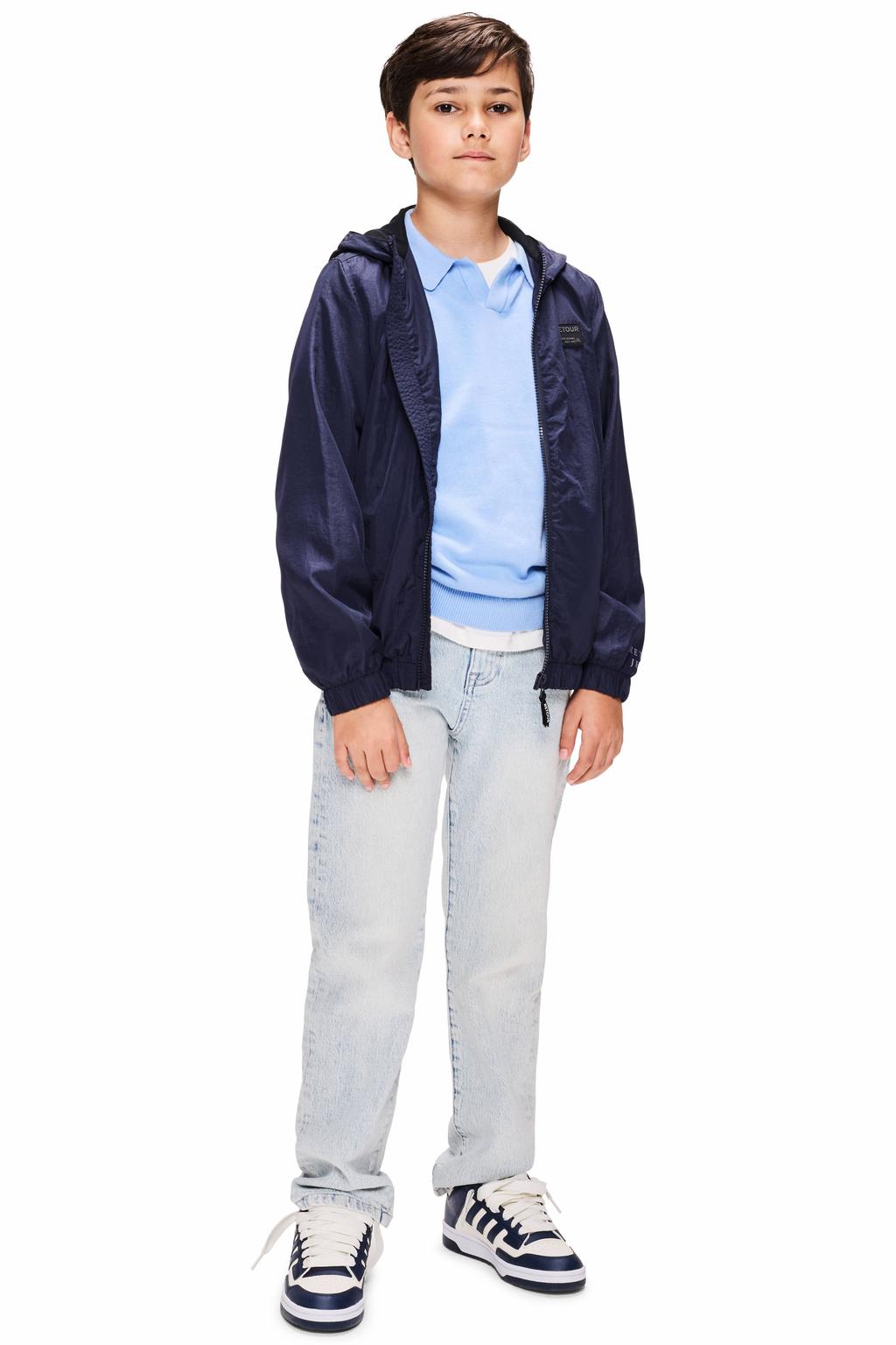 Donkerblauwe jongens Retour Jeans zomerjas van polyamide met effen, lange mouwen, capuchon en ritssluiting