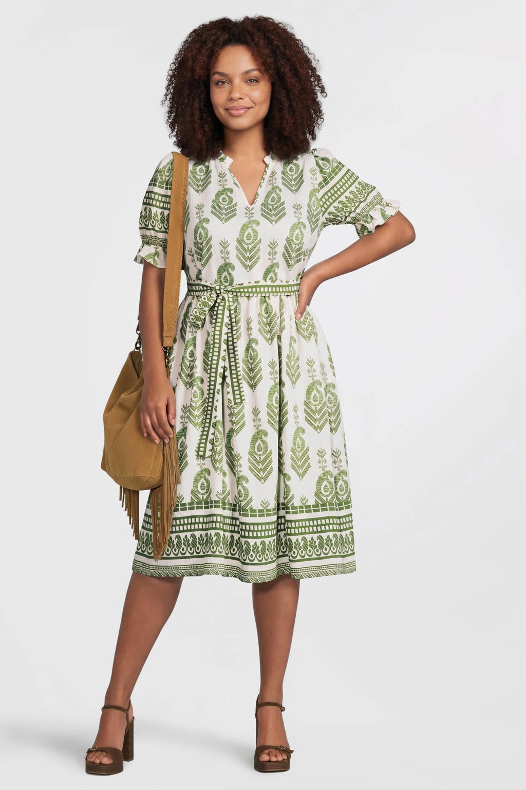 Groen en witte dames GREAT LOOKS midi jurk van viscose met korte mouwen, V-hals, elastische inzet en ruches